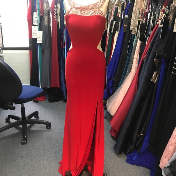 Red off the shoulder beaded gown 18021 - Picture 3 of 8